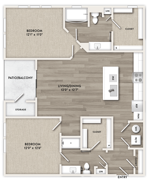 Floor plan for 2 beds, 2 baths, 1144 sqft